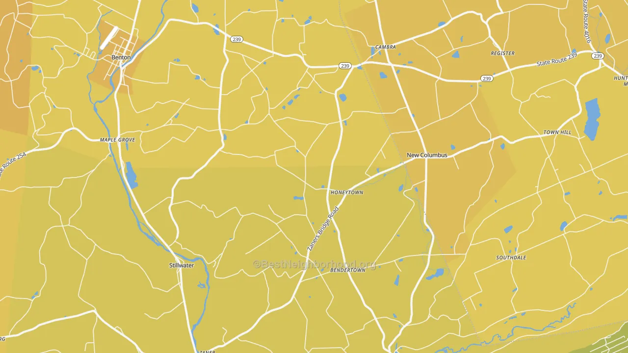 Map of the best neighborhoods in the Stillwater area, with better matches in green and worse matches in red