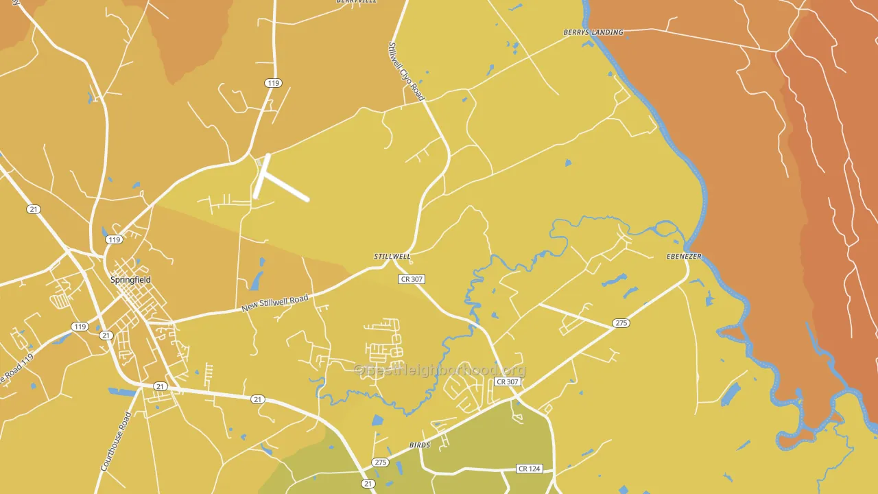 Map of the best neighborhoods in the Stillwell area, with better matches in green and worse matches in red