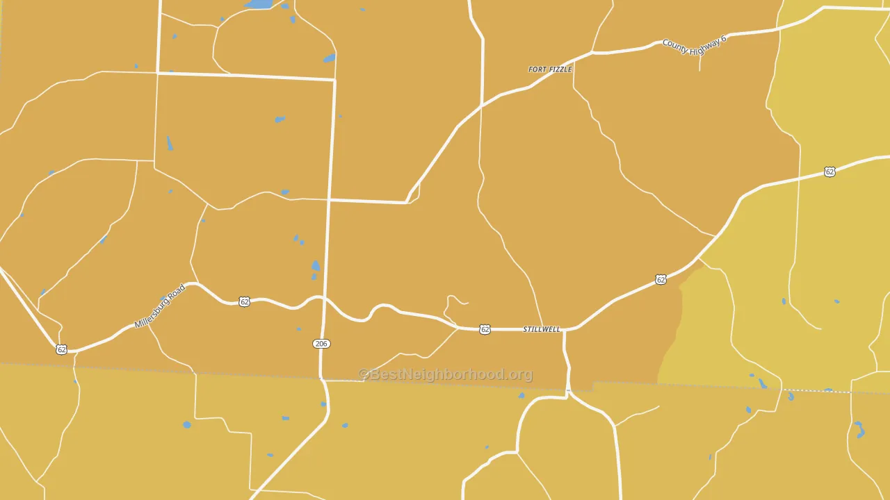 Map of the best neighborhoods in the Stillwell area, with better matches in green and worse matches in red