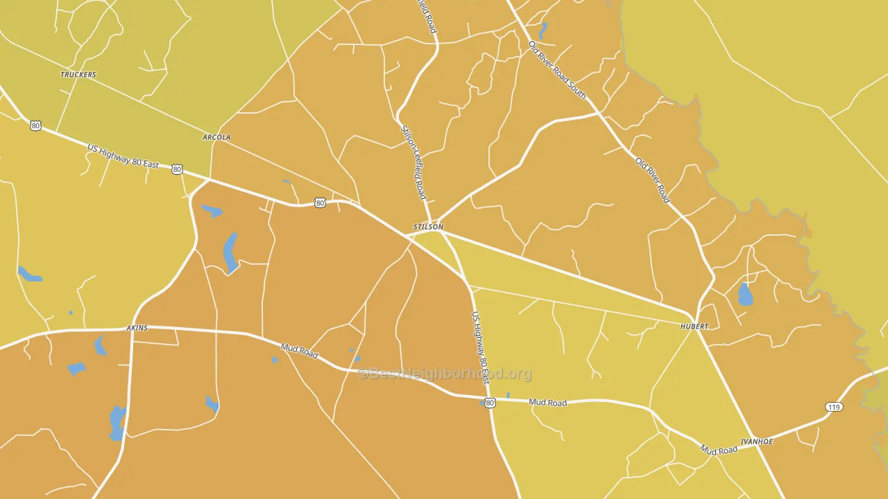 Map of the best neighborhoods in the Stilson area, with better matches in green and worse matches in red
