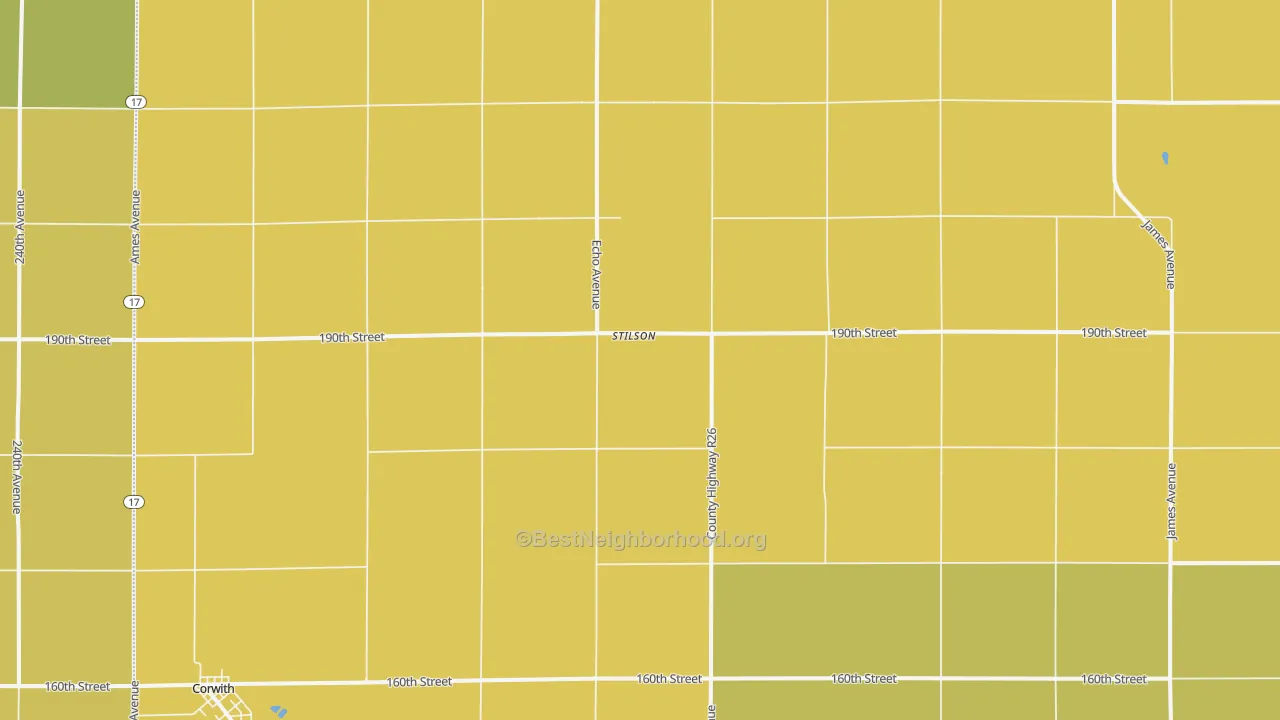 Map of the best neighborhoods in the Stilson area, with better matches in green and worse matches in red