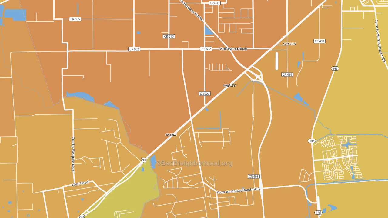 Map of the best neighborhoods in the Stilson area, with better matches in green and worse matches in red