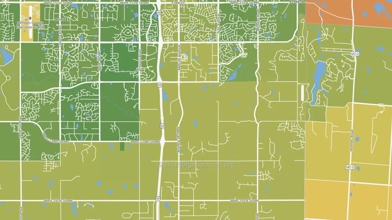 Map of the best neighborhoods in the Stilwell area, with better matches in green and worse matches in red