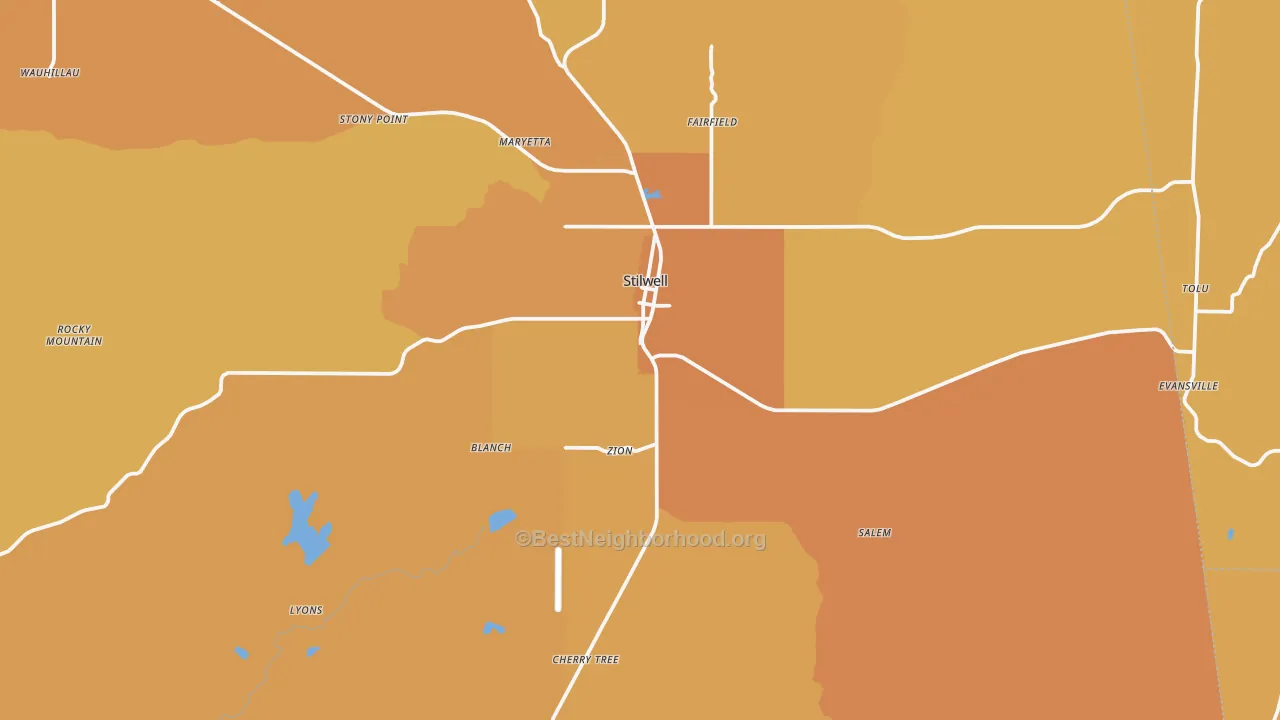 Map of the best neighborhoods in the Stilwell area, with better matches in green and worse matches in red