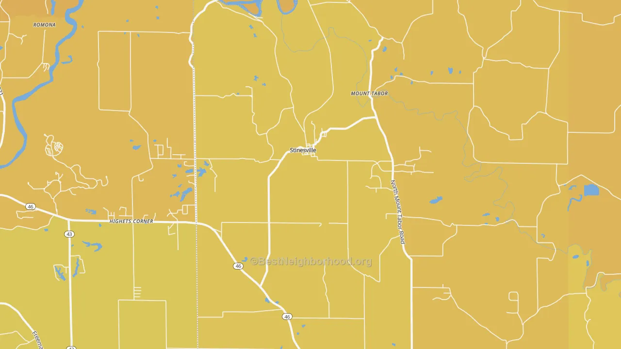 Map of the best neighborhoods in the Stinesville area, with better matches in green and worse matches in red