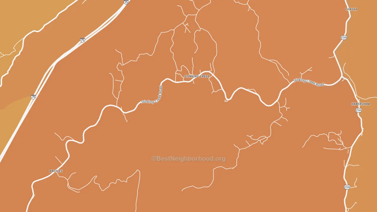 Map of the best neighborhoods in the Stinking Creek area, with better matches in green and worse matches in red