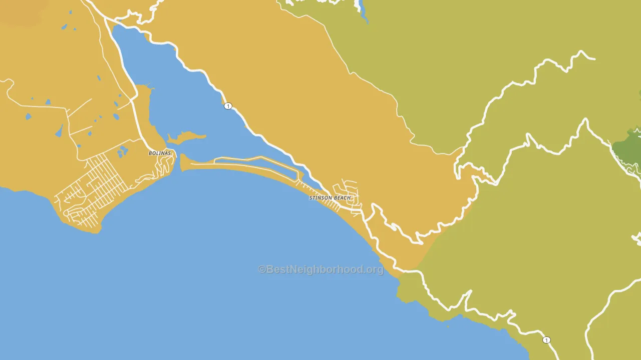 Map of the best neighborhoods in the Stinson Beach area, with better matches in green and worse matches in red