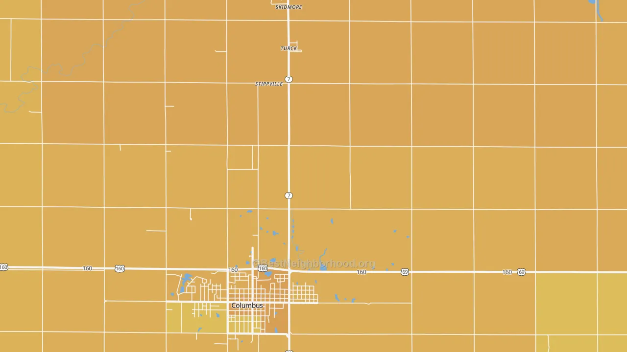 Map of the best neighborhoods in the Stippville area, with better matches in green and worse matches in red