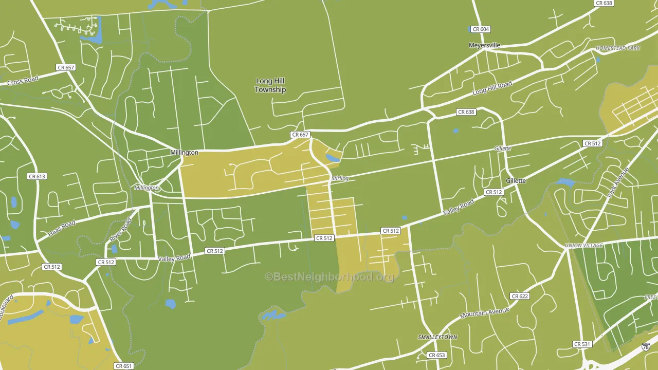 Map of the best neighborhoods in the Stirling area, with better matches in green and worse matches in red