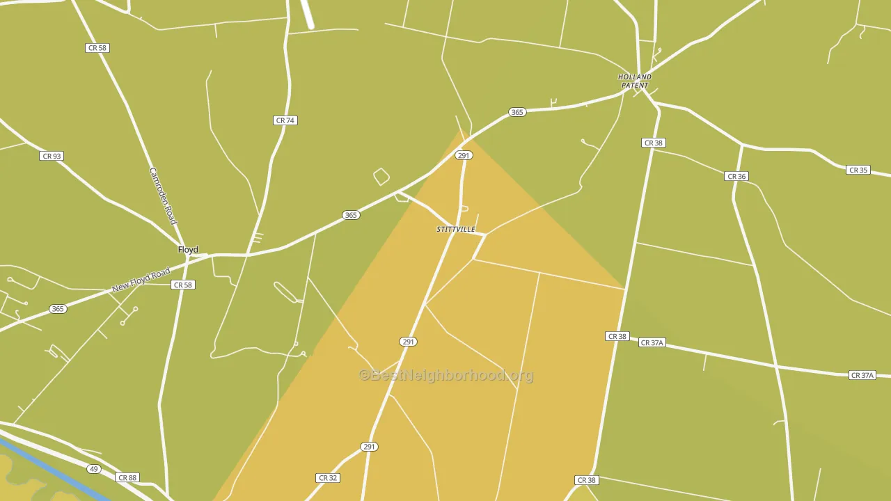 Map of the best neighborhoods in the Stittville area, with better matches in green and worse matches in red