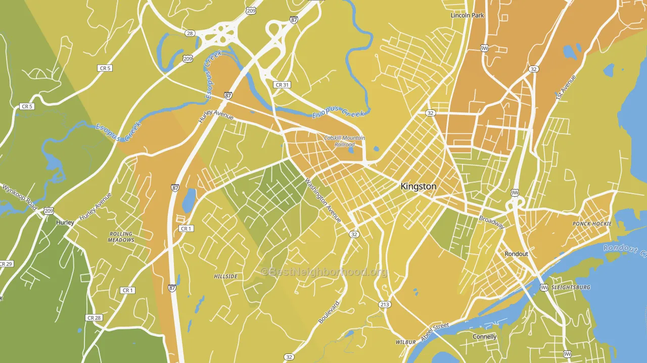 Map of the best neighborhoods in the Stockade District, Kingston area, with better matches in green and worse matches in red