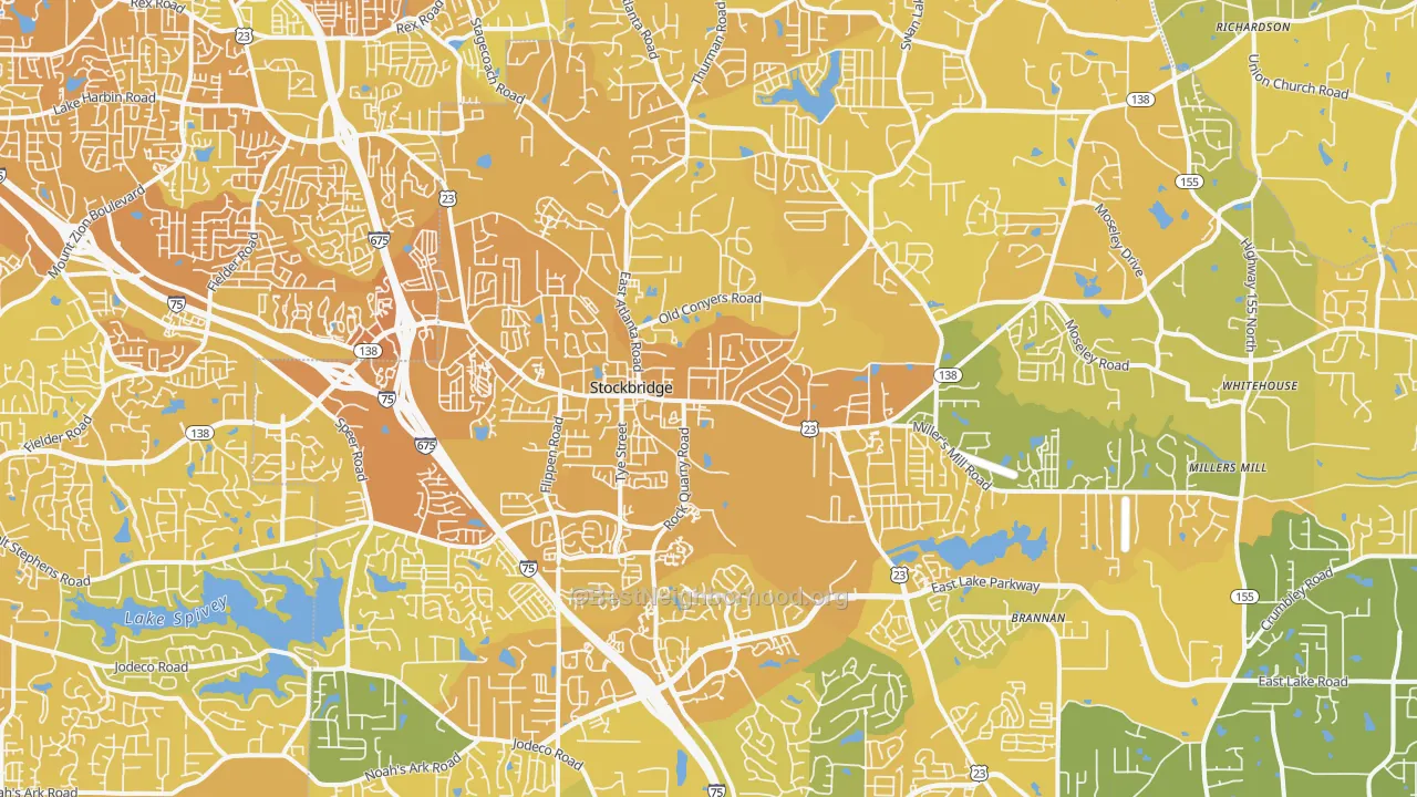 Map of the best neighborhoods in the Stockbridge area, with better matches in green and worse matches in red