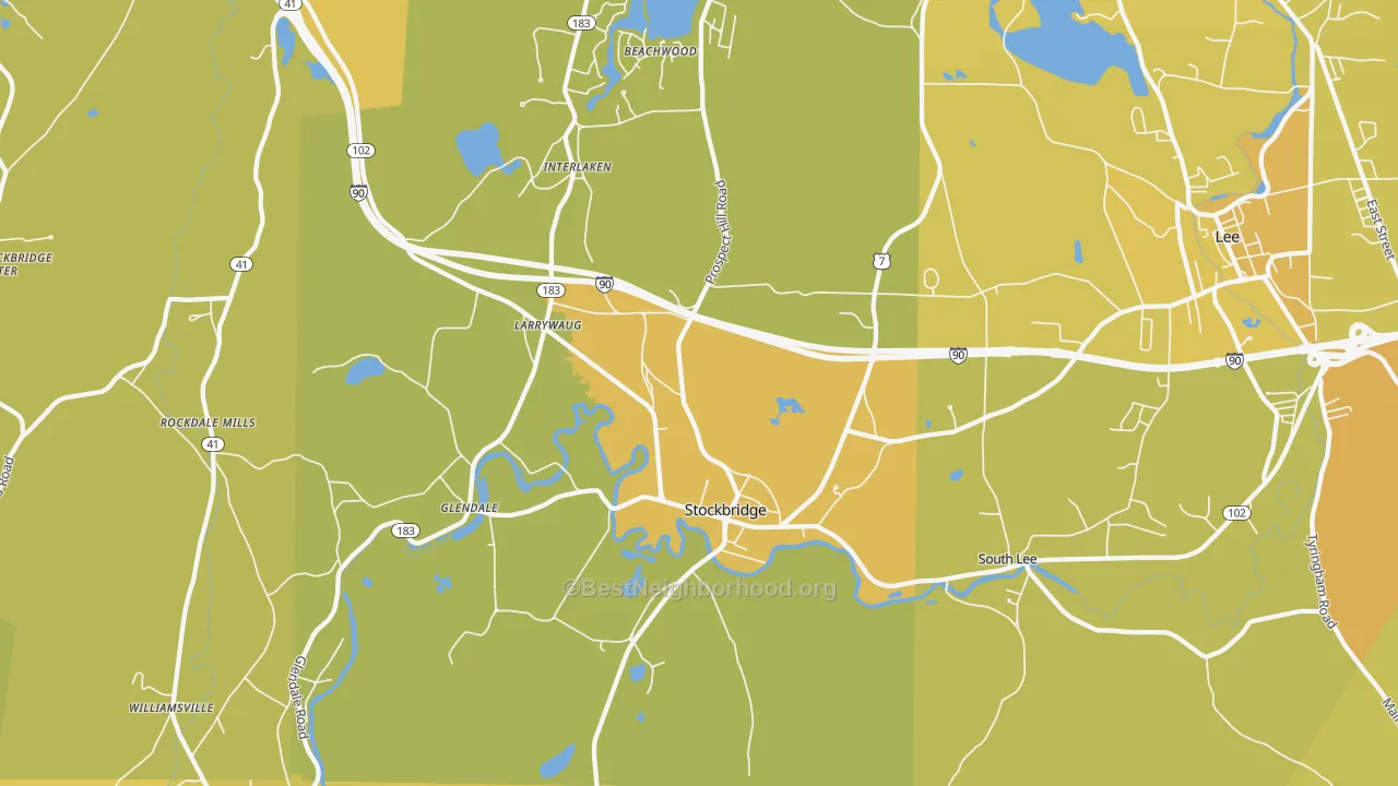 Map of the best neighborhoods in the Stockbridge area, with better matches in green and worse matches in red