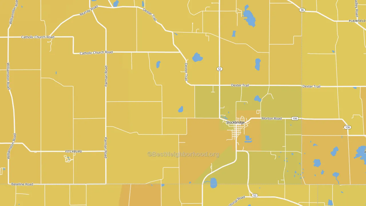Map of the best neighborhoods in the Stockbridge area, with better matches in green and worse matches in red