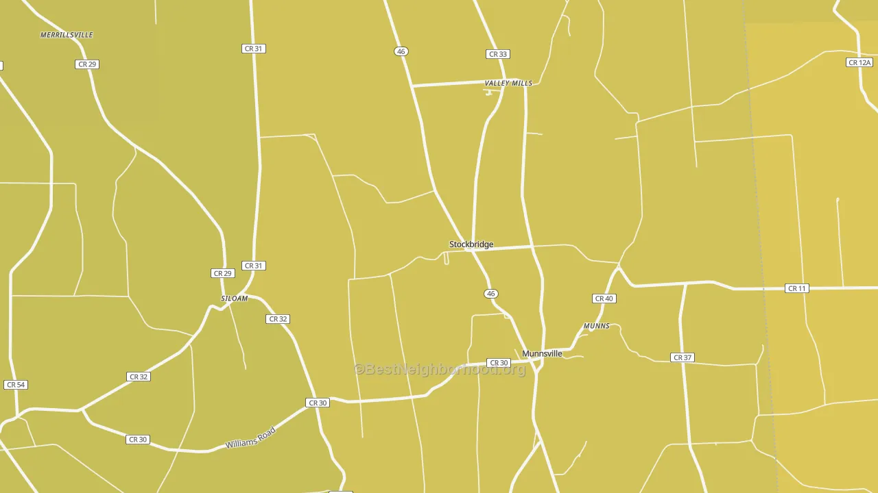 Map of the best neighborhoods in the Stockbridge area, with better matches in green and worse matches in red