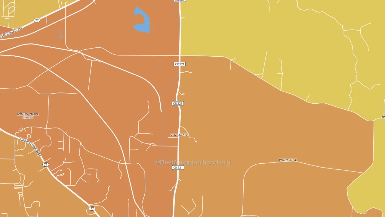 Map of the best neighborhoods in the Stockdale area, with better matches in green and worse matches in red