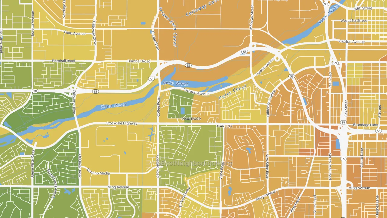 Map of the best neighborhoods in the Stockdale Greens, Bakersfield area, with better matches in green and worse matches in red