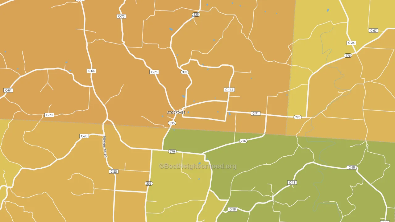 Map of the best neighborhoods in the Stockdale area, with better matches in green and worse matches in red