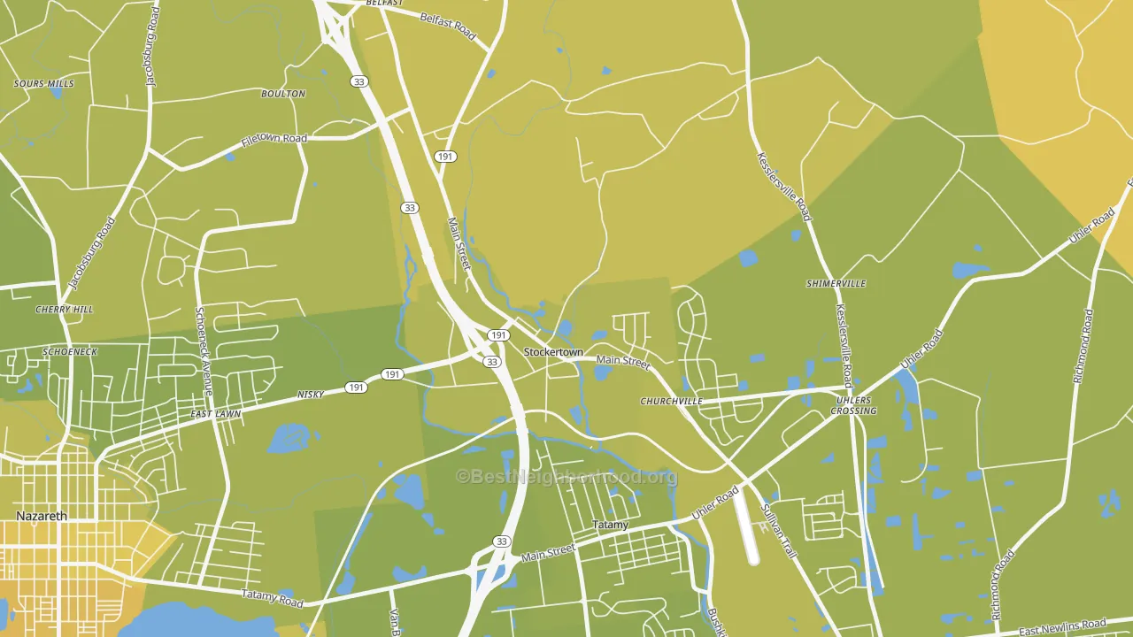 Map of the best neighborhoods in the Stockertown area, with better matches in green and worse matches in red