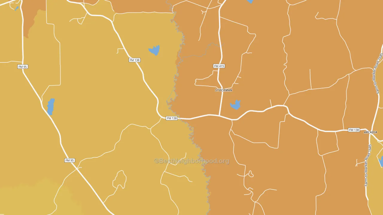 Map of the best neighborhoods in the Stockman area, with better matches in green and worse matches in red