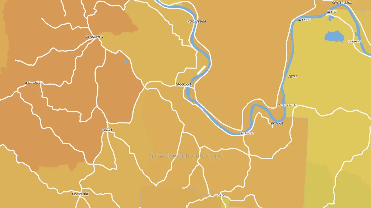 Map of the best neighborhoods in the Stockport area, with better matches in green and worse matches in red