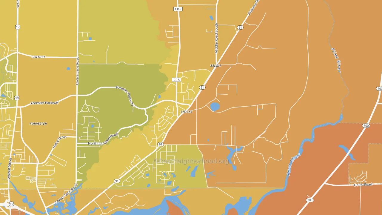 Map of the best neighborhoods in the Stocks area, with better matches in green and worse matches in red