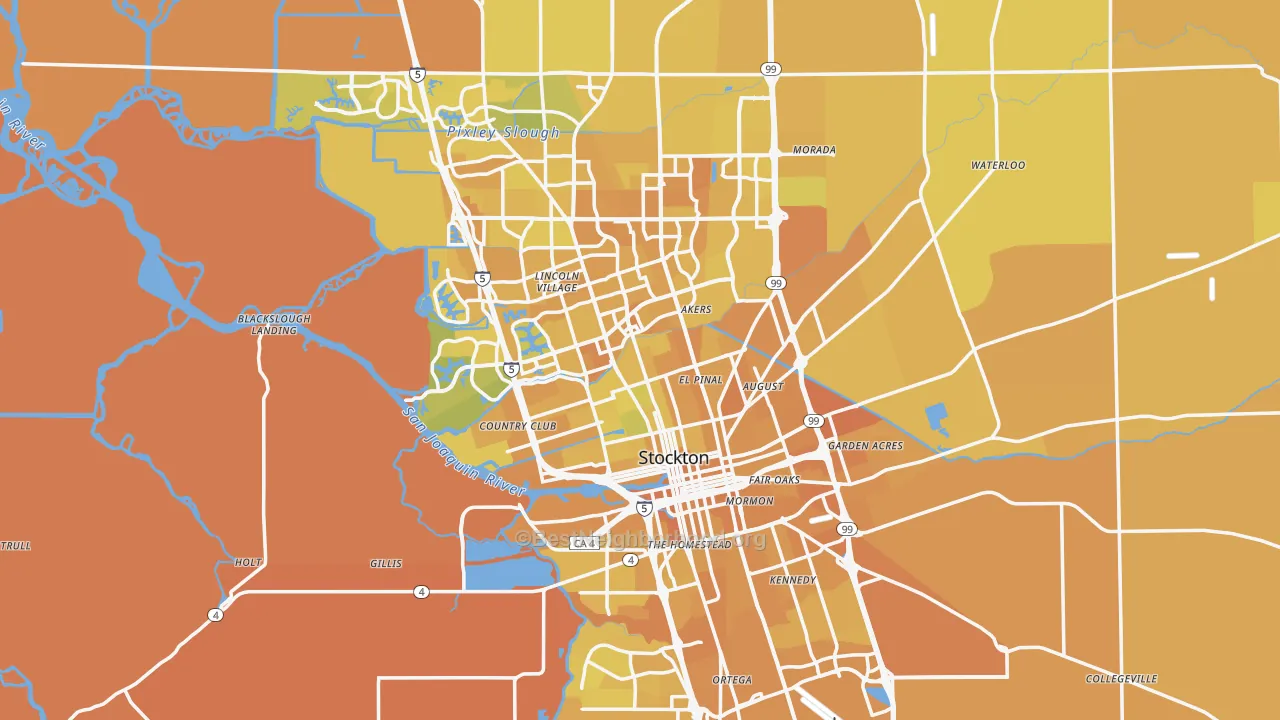 Map of the best neighborhoods in the Stockton Metro area, with better matches in green and worse matches in red