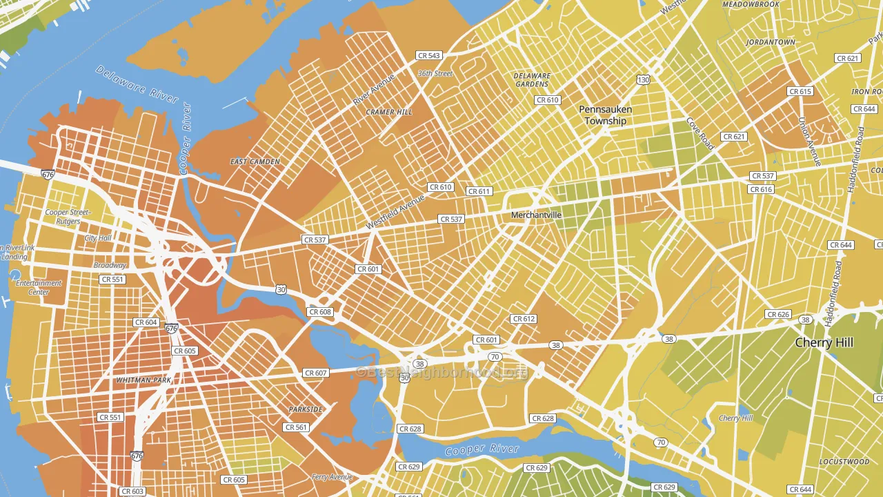 Map of the best neighborhoods in the Stockton, Camden area, with better matches in green and worse matches in red