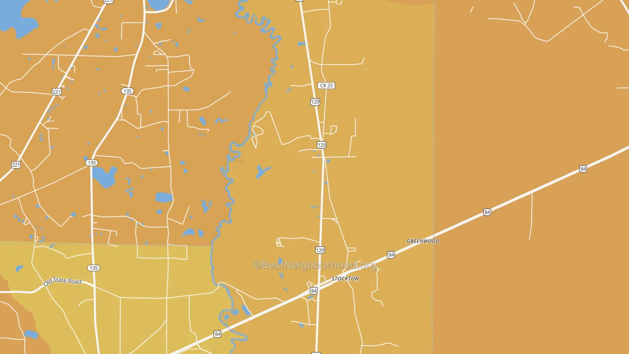 Map of the best neighborhoods in the Stockton area, with better matches in green and worse matches in red