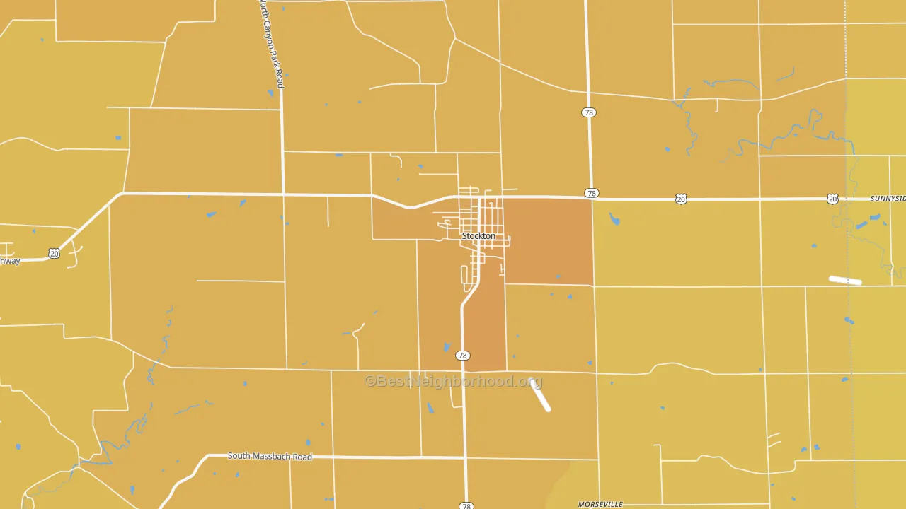 Map of the best neighborhoods in the Stockton area, with better matches in green and worse matches in red