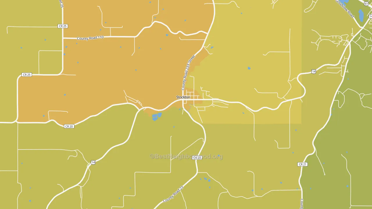 Map of the best neighborhoods in the Stockton area, with better matches in green and worse matches in red