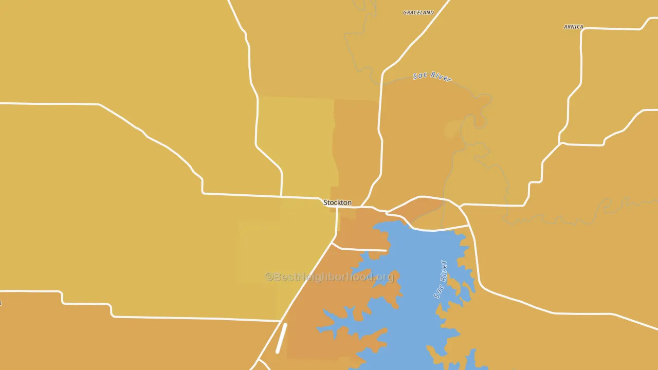 Map of the best neighborhoods in the Stockton area, with better matches in green and worse matches in red