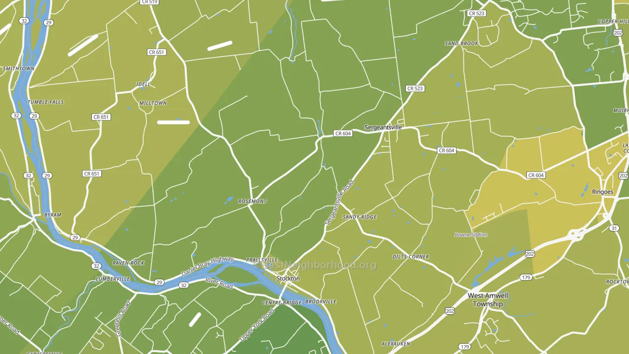 Map of the best neighborhoods in the Stockton area, with better matches in green and worse matches in red