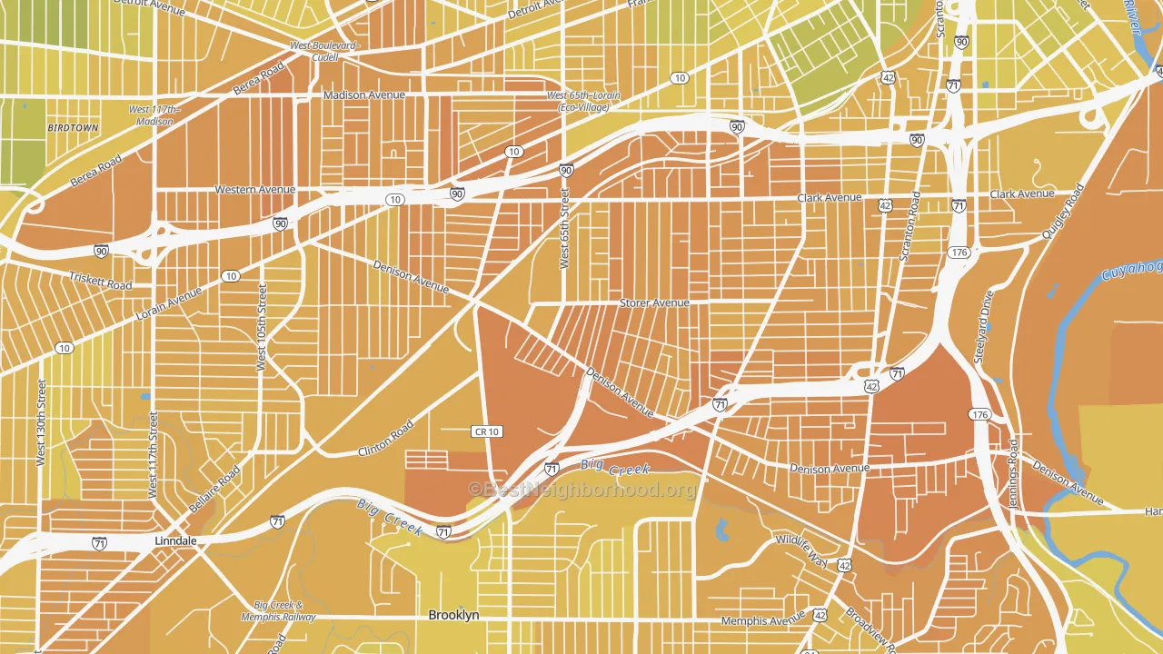 Map of the best neighborhoods in the Stockyards, Cleveland area, with better matches in green and worse matches in red