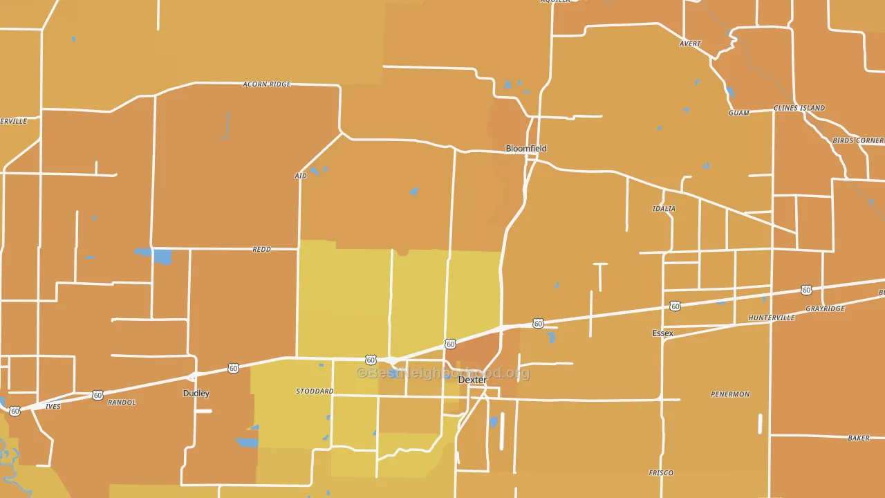 Map of the best neighborhoods in the Stoddard County area, with better matches in green and worse matches in red