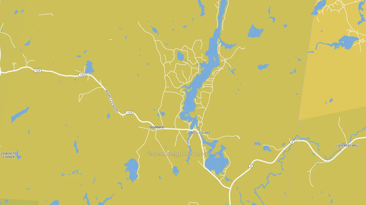 Map of the best neighborhoods in the Stoddard area, with better matches in green and worse matches in red
