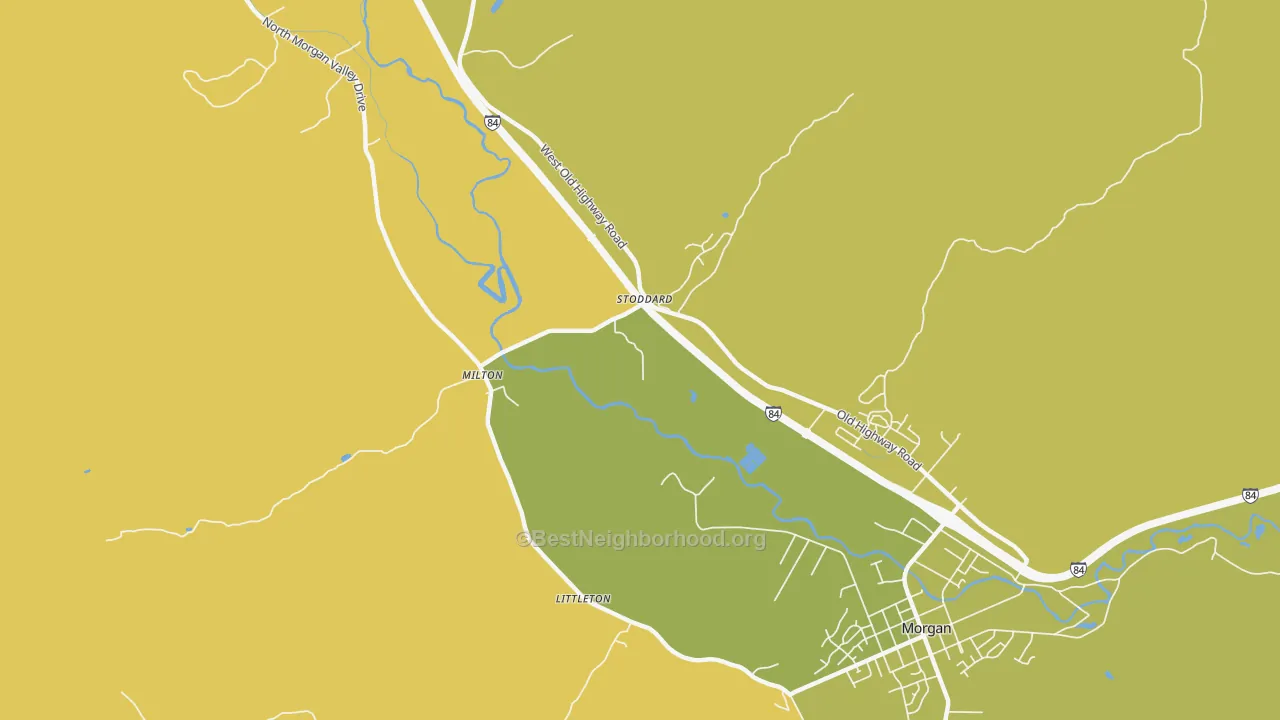 Map of the best neighborhoods in the Stoddard area, with better matches in green and worse matches in red