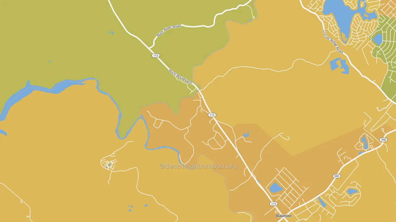 Map of the best neighborhoods in the Stoddartsville area, with better matches in green and worse matches in red