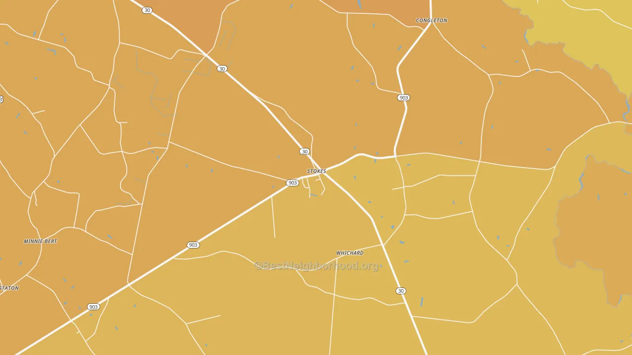 Map of the best neighborhoods in the Stokes area, with better matches in green and worse matches in red