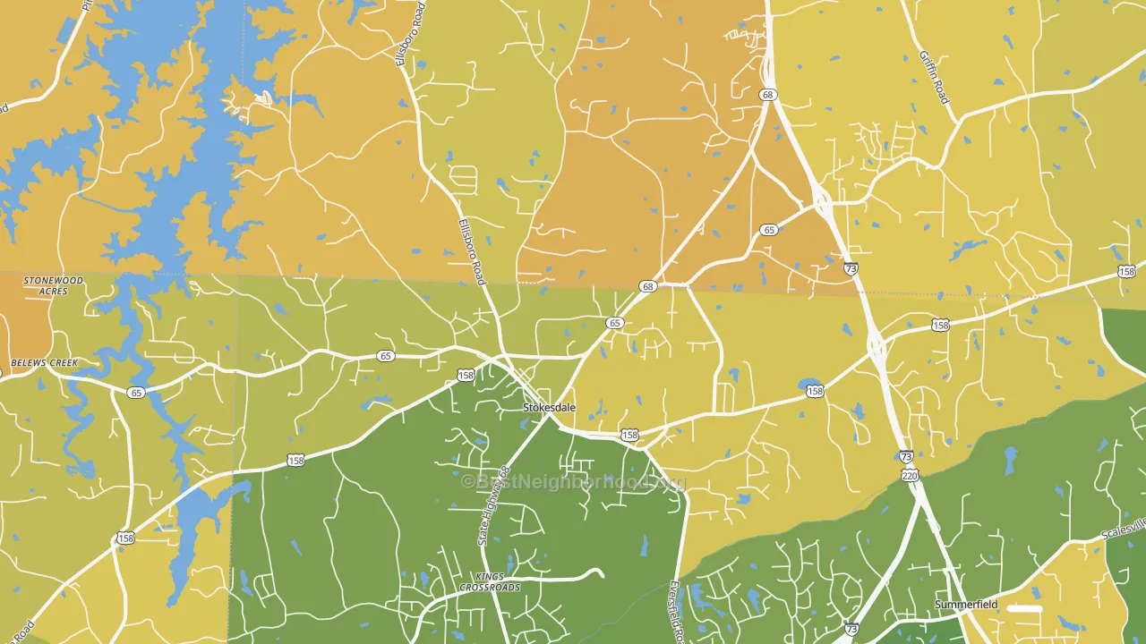 Map of the best neighborhoods in the Stokesdale area, with better matches in green and worse matches in red