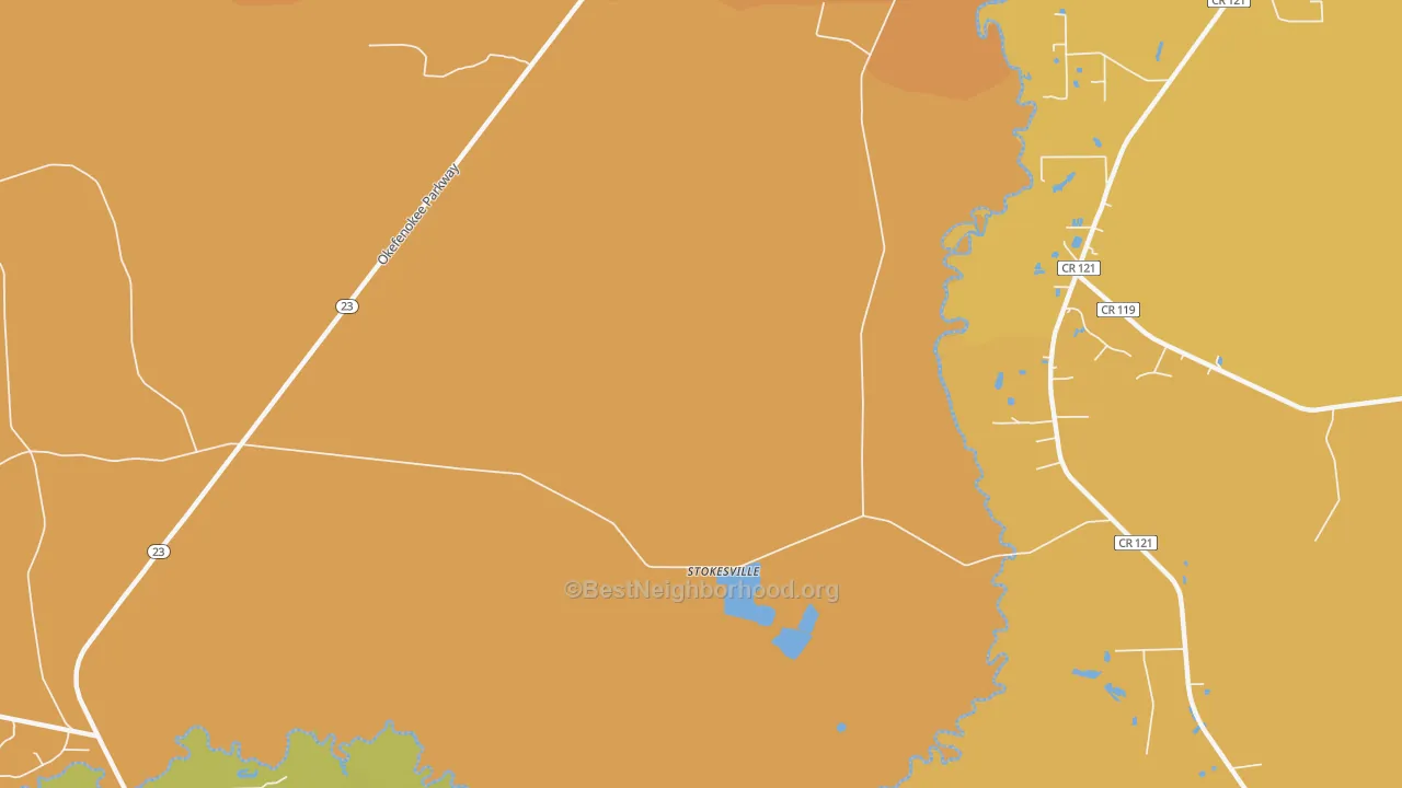 Map of the best neighborhoods in the Stokesville area, with better matches in green and worse matches in red