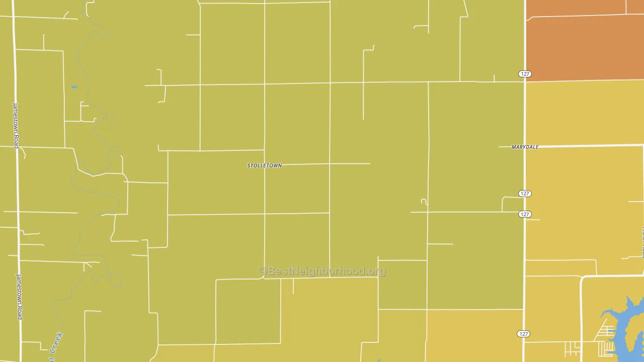 Map of the best neighborhoods in the Stolletown area, with better matches in green and worse matches in red