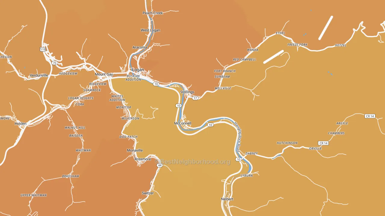 Map of the best neighborhoods in the Stollings area, with better matches in green and worse matches in red
