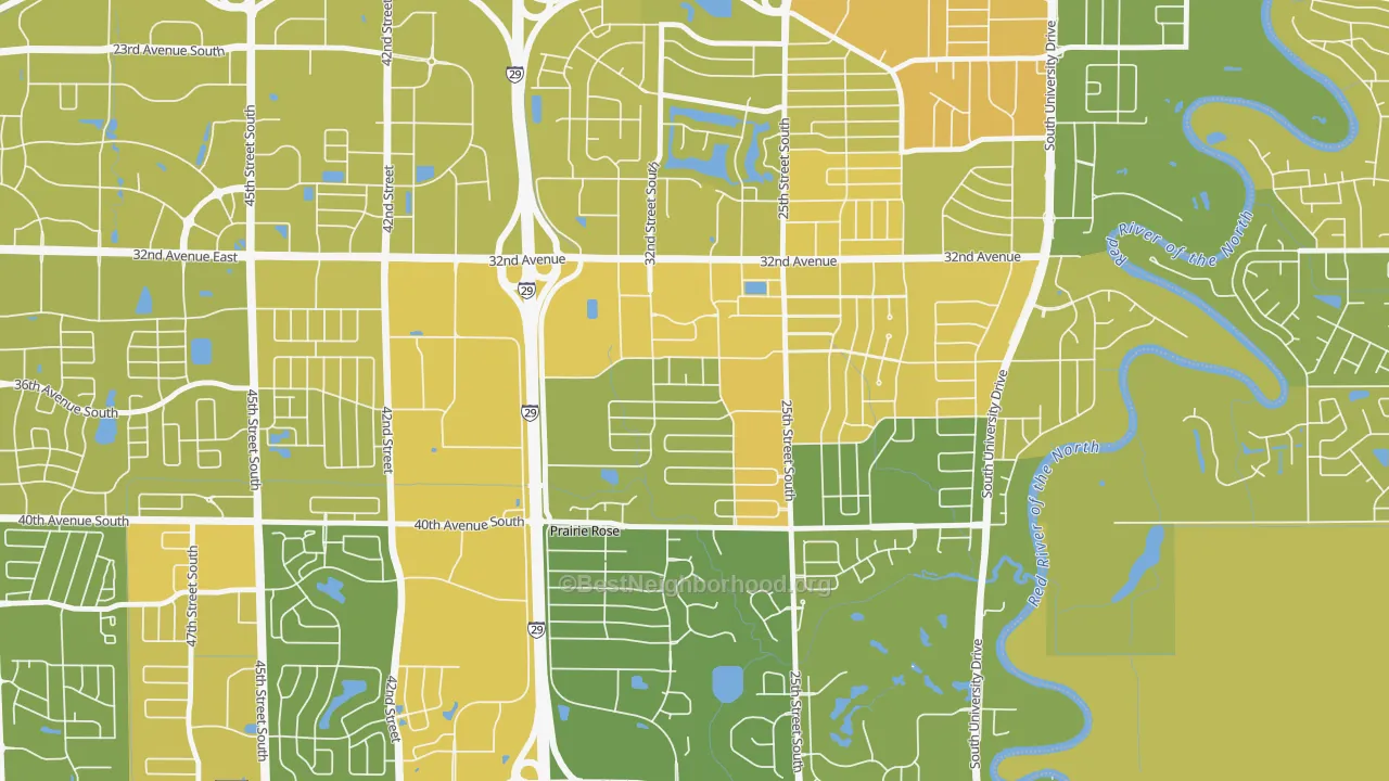 Map of the best neighborhoods in the Stone Bridge, Fargo area, with better matches in green and worse matches in red
