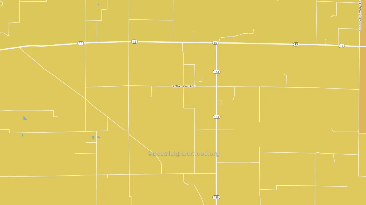 Map of the best neighborhoods in the Stone Church area, with better matches in green and worse matches in red