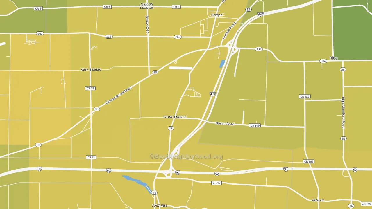 Map of the best neighborhoods in the Stone Church area, with better matches in green and worse matches in red