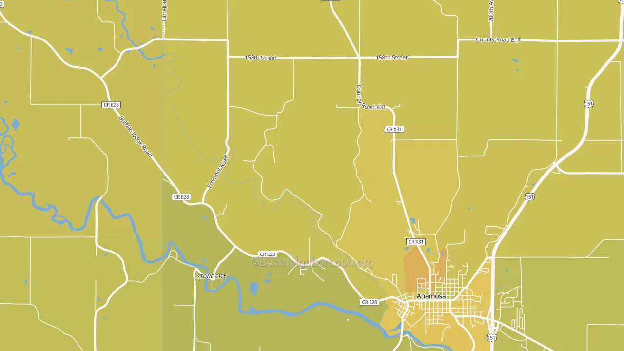 Map of the best neighborhoods in the Stone City area, with better matches in green and worse matches in red