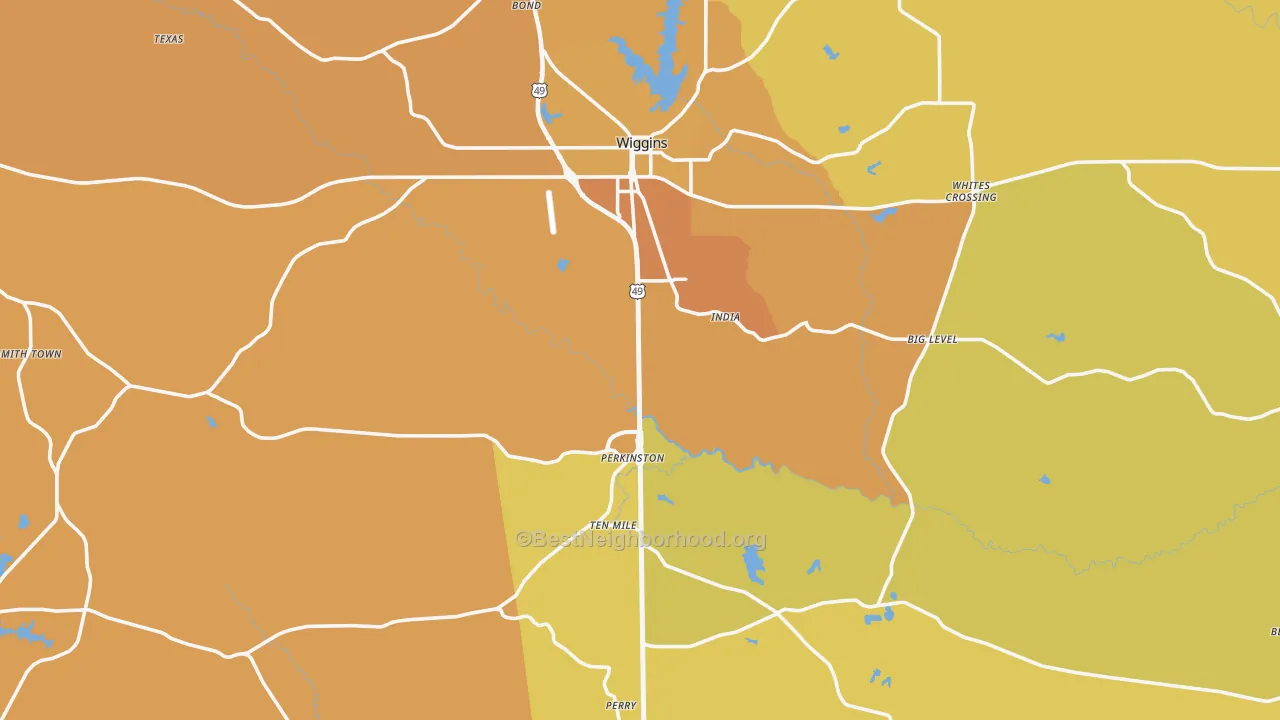 Map of the best neighborhoods in the Stone County area, with better matches in green and worse matches in red