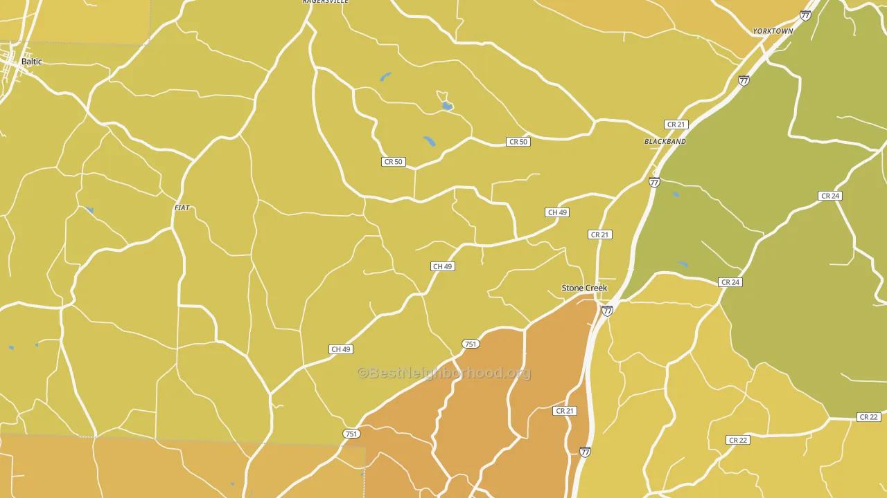 Map of the best neighborhoods in the Stone Creek area, with better matches in green and worse matches in red