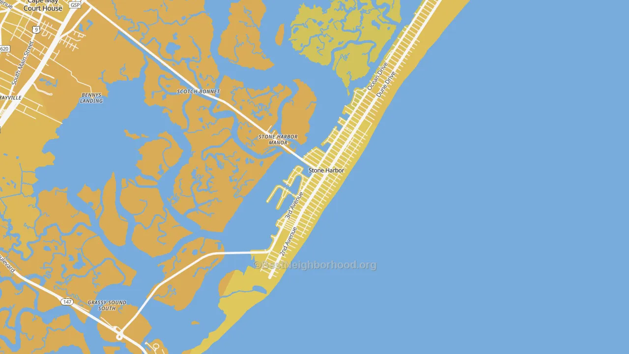 Map of the best neighborhoods in the Stone Harbor area, with better matches in green and worse matches in red